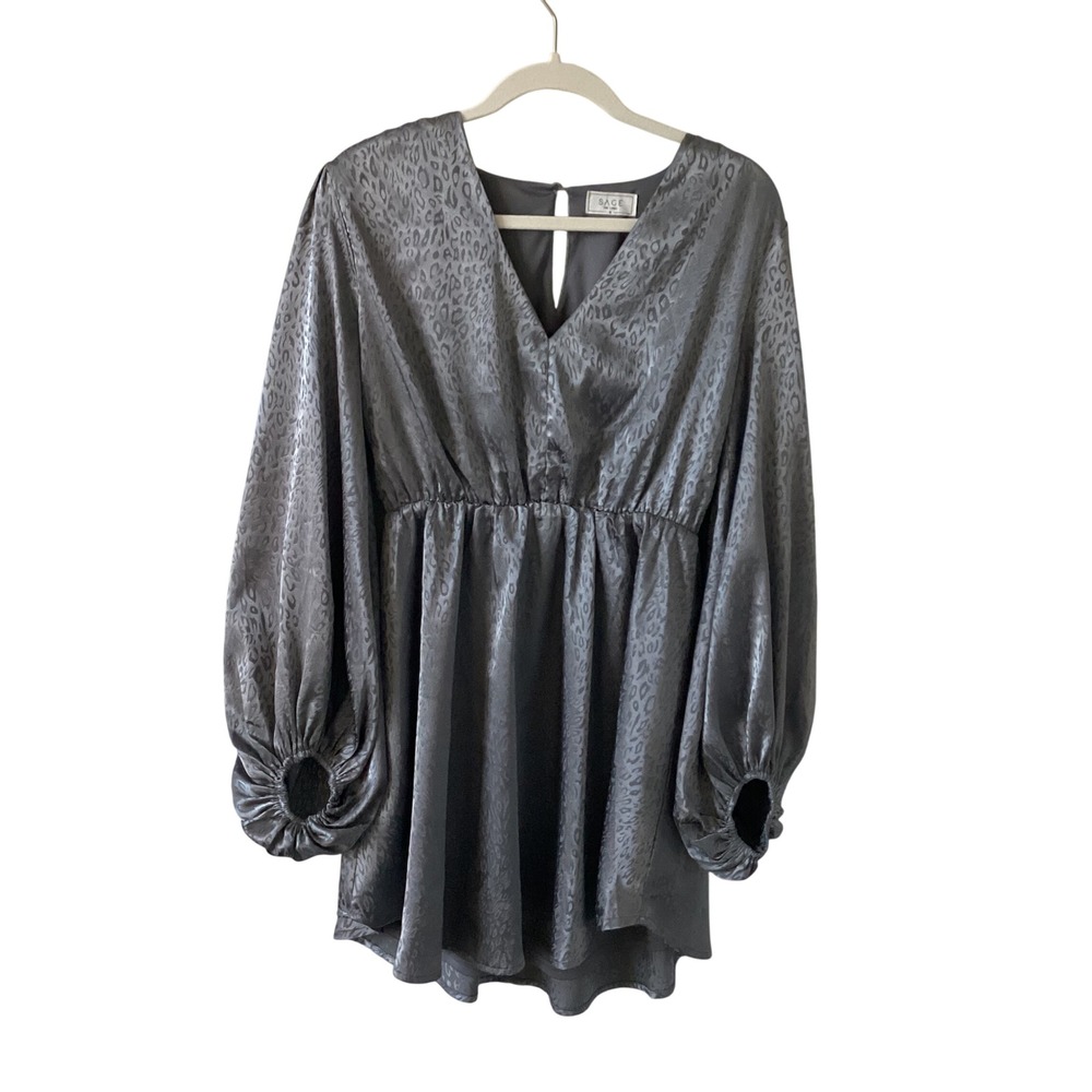 Sage The Label Charcoal Grey Leopard Jacquard Balloon Sleeve Mini Dress Medium
